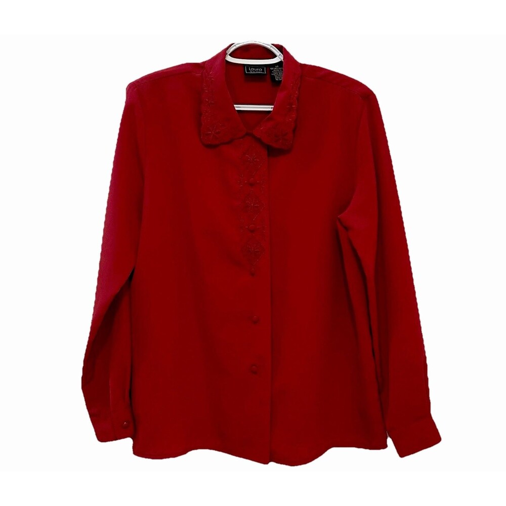 Laura Scott Blouse Women's 14 Red Floral Button Up Embroidered Casual Top Shirt